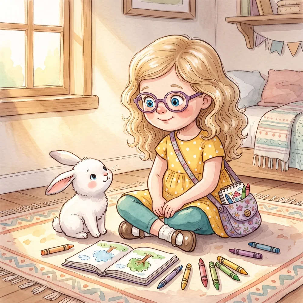 Lily drawing on her bedroom rug next to her white bunny