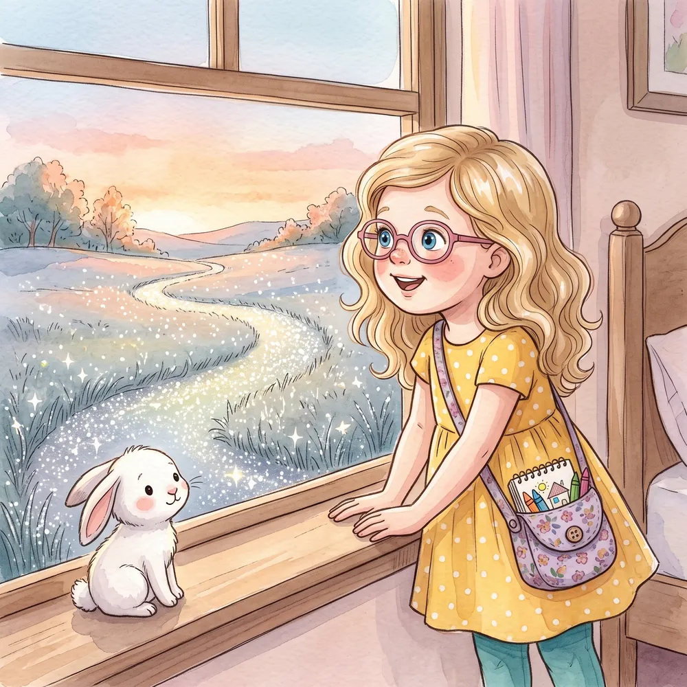 Lily at the window looking at a sparkling silver path