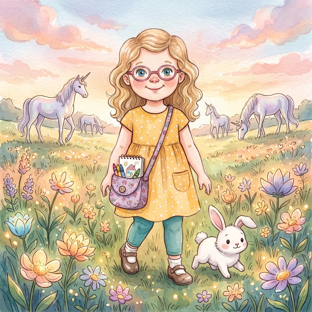 Lily and Bunny walking into a meadow of unicorns