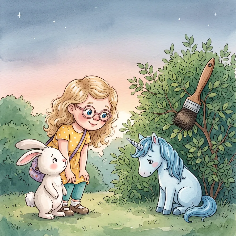 A shy blue unicorn whose paintbrush is stuck in a bush