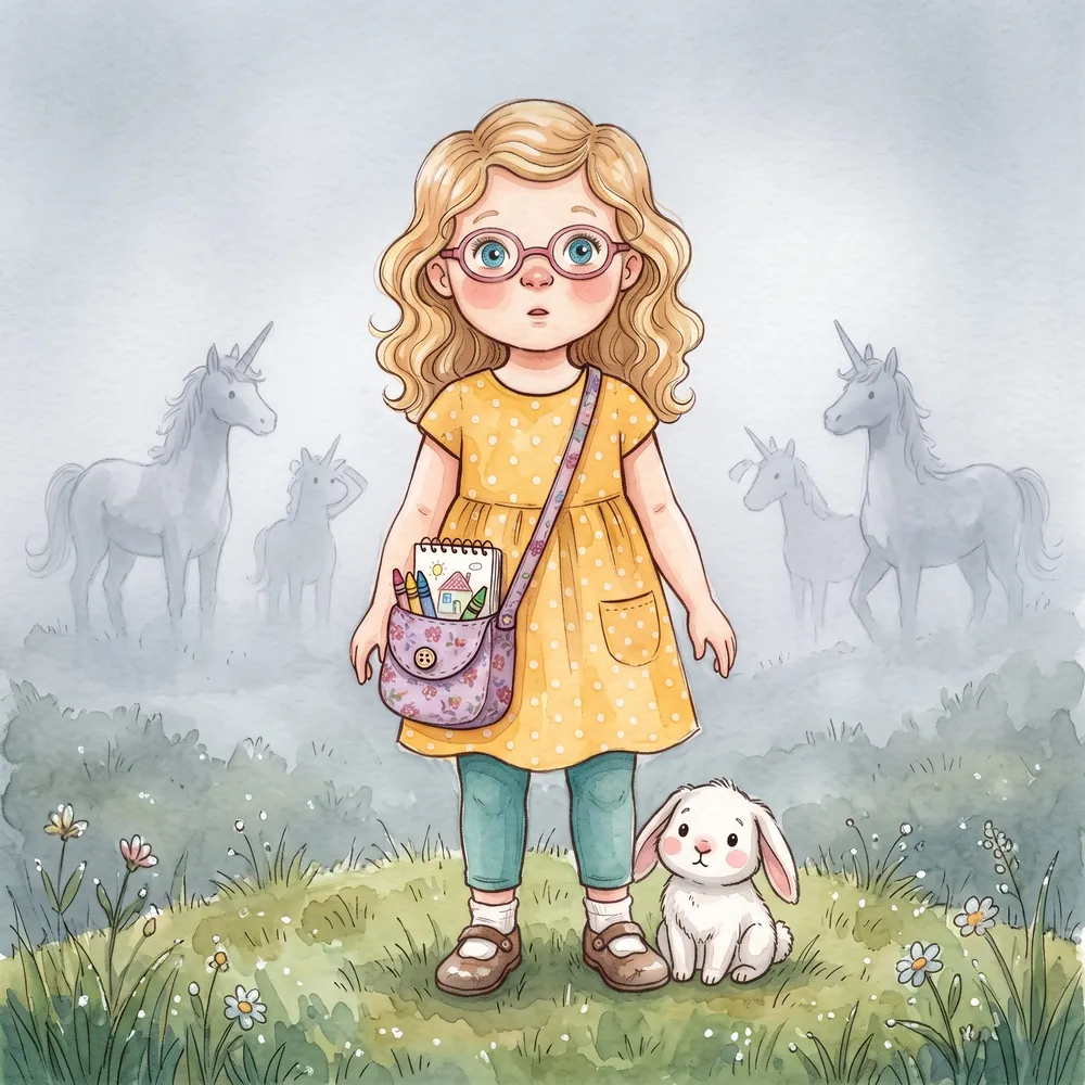 Lily and Bunny in a gray fog with faint unicorns