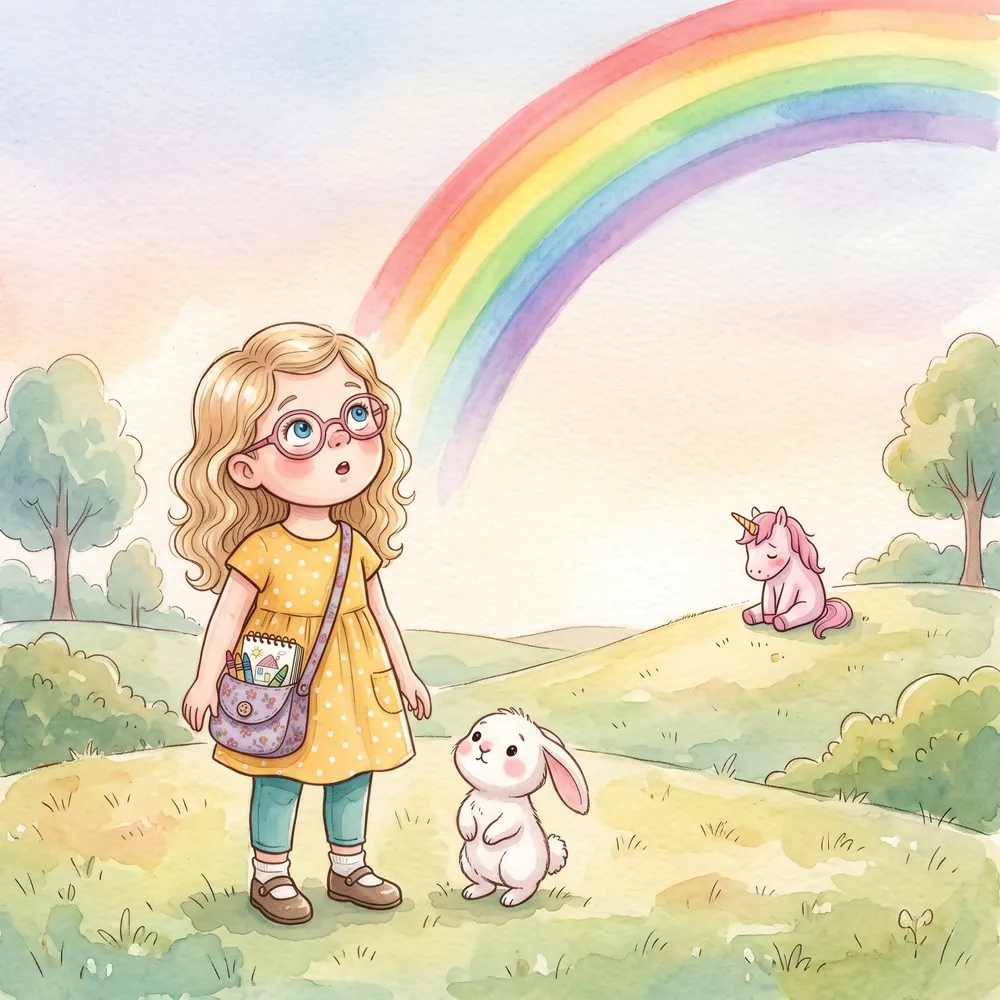 A tiny pink unicorn alone on a hill under the rainbow