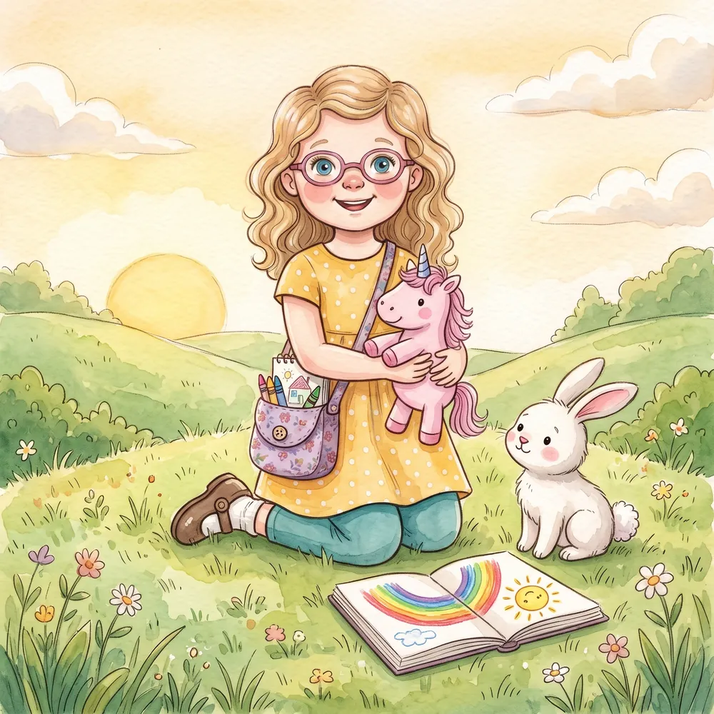 Lily hugging the tiny pink unicorn beside her sketchbook