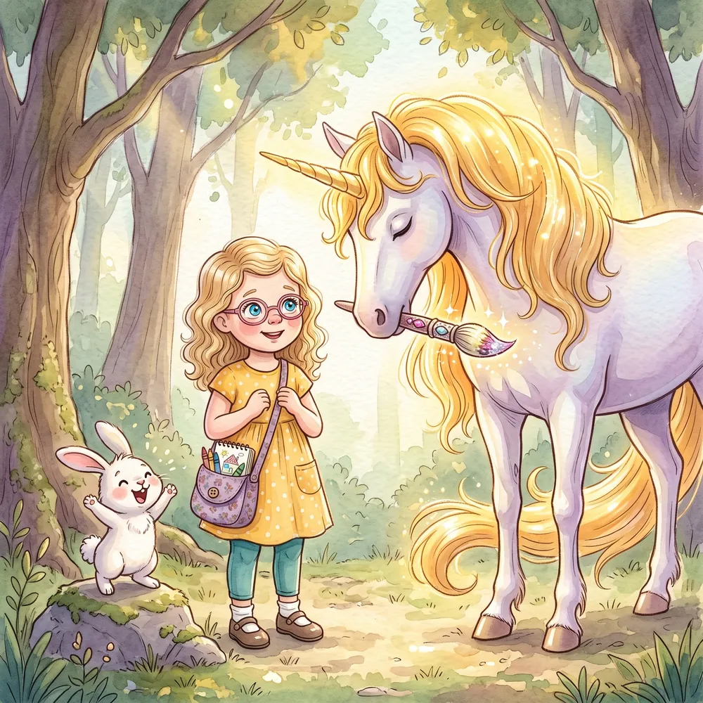 A golden-maned unicorn handing Lily a glowing paintbrush