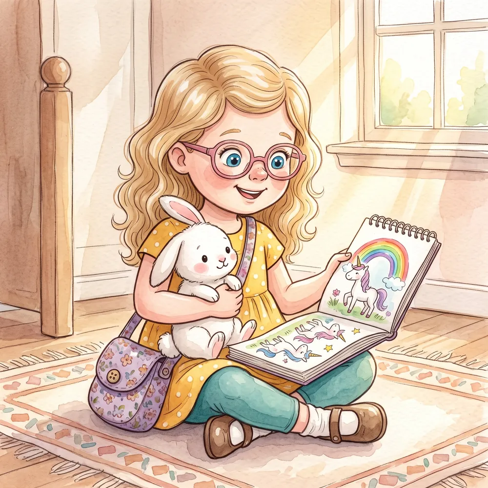 Lily back on her rug holding Bunny and her unicorn drawing