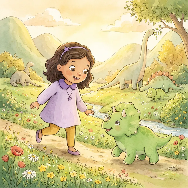 Mia skipping through a sunny valley with her green triceratops and long-necked dinosaurs behind