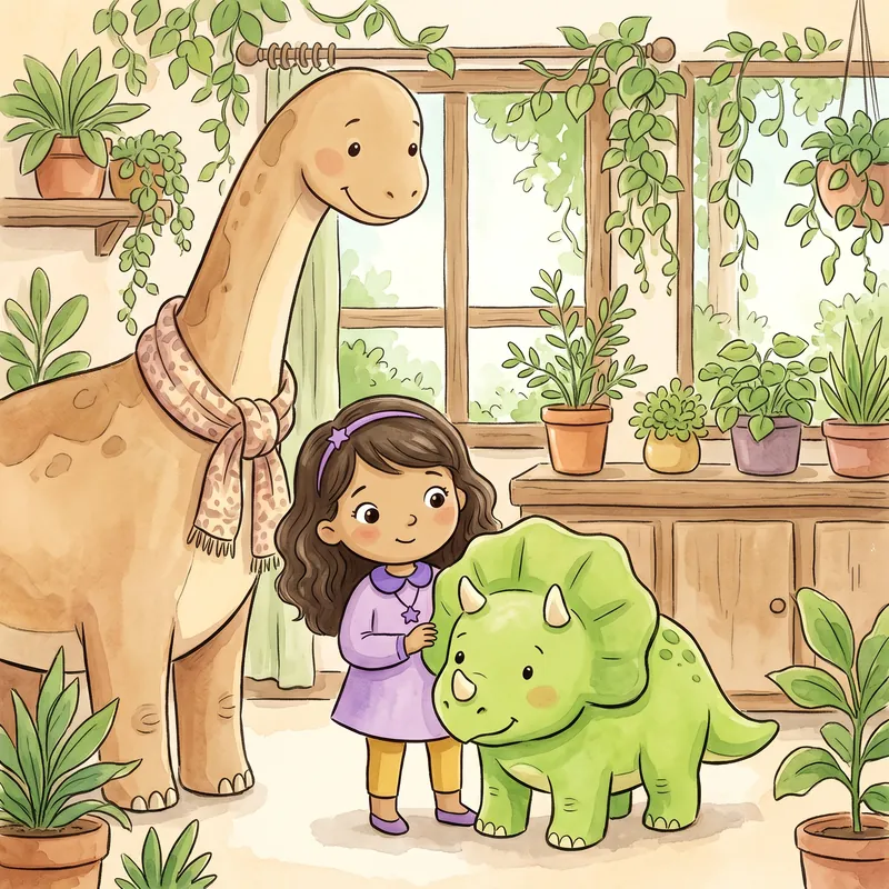 Mia and her triceratops meeting a gentle long-necked dinosaur in a scarf