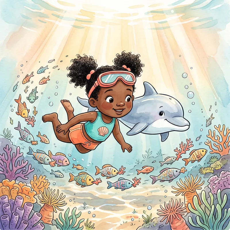 Sofia swimming with a dolphin through a school of colorful fish