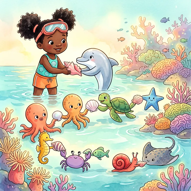 Sofia and the dolphin with an octopus, a turtle, a seahorse and crabs in the reef