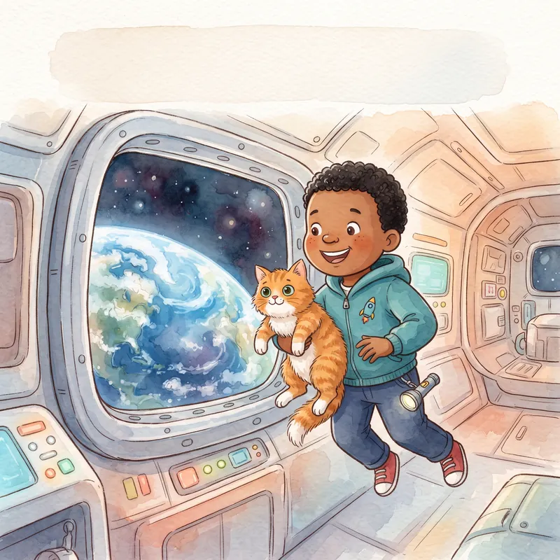 Leo floating inside a spaceship with his ginger cat, Earth glowing through the window