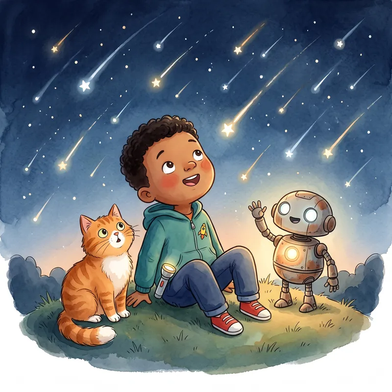Leo, his cat and a friendly robot watching shooting stars