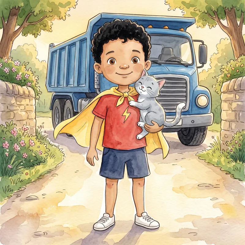 Theo smiling in his cape, hugging his kitten in front of a big blue truck