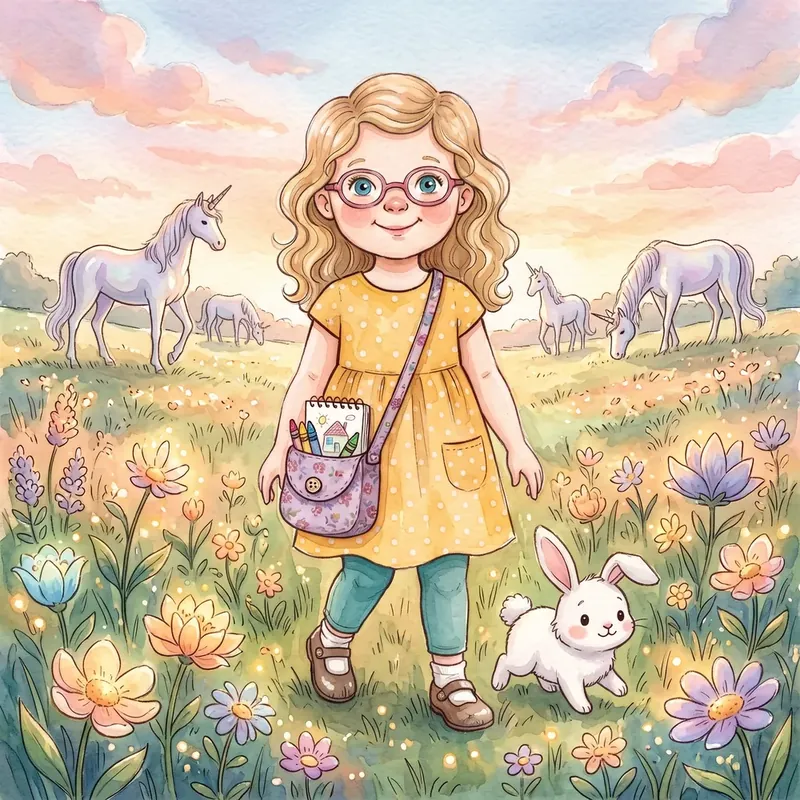 Lily and her bunny walking into a flower meadow full of unicorns